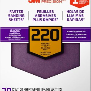 3M Advanced Sandpaper, 20 Sheets, 220 Grit, 3M Pro Grade Precision, Features No-Slip Grip Backing, 9-in x 11-in, For Sanding Wood, Drywall, or Metal, Can be Used on Wet or Dry Surfaces (26220CP-P-G)